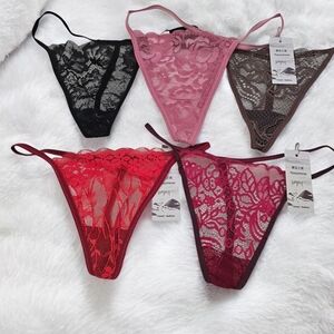 Elegant Lace Thong Set - Black, Pink, Red, Brown